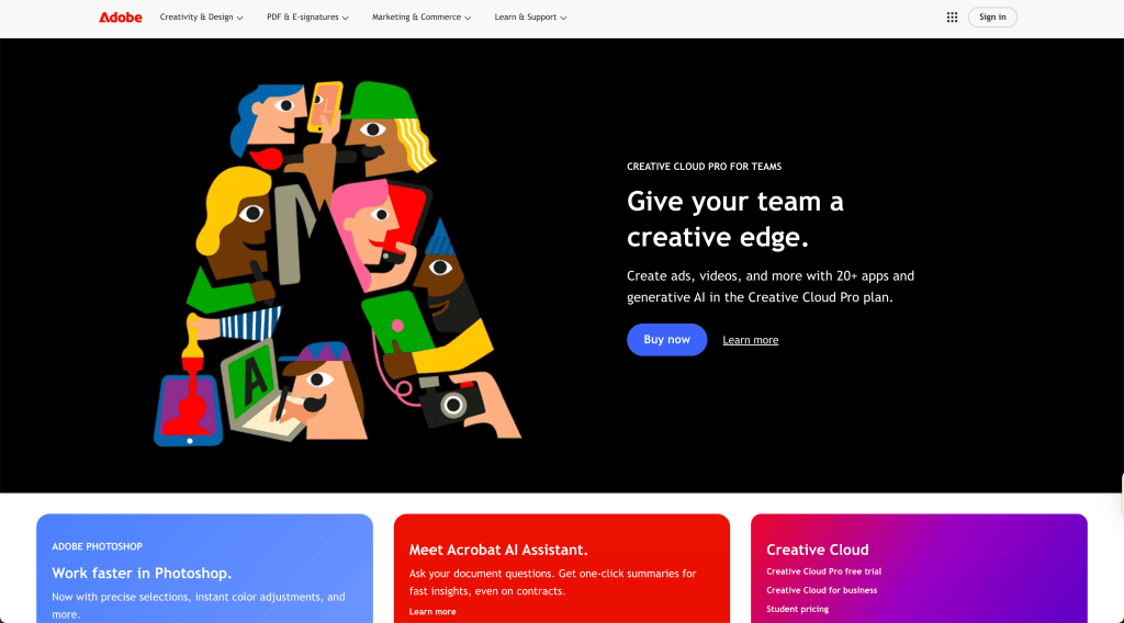 Diverse team using digital devices, emphasizing creative collaboration and AI tools in marketing and design.