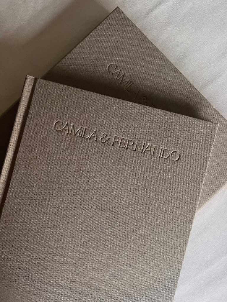 Luxurious beige gift box for special occasions, featuring embossed Camila & Fernando logo.