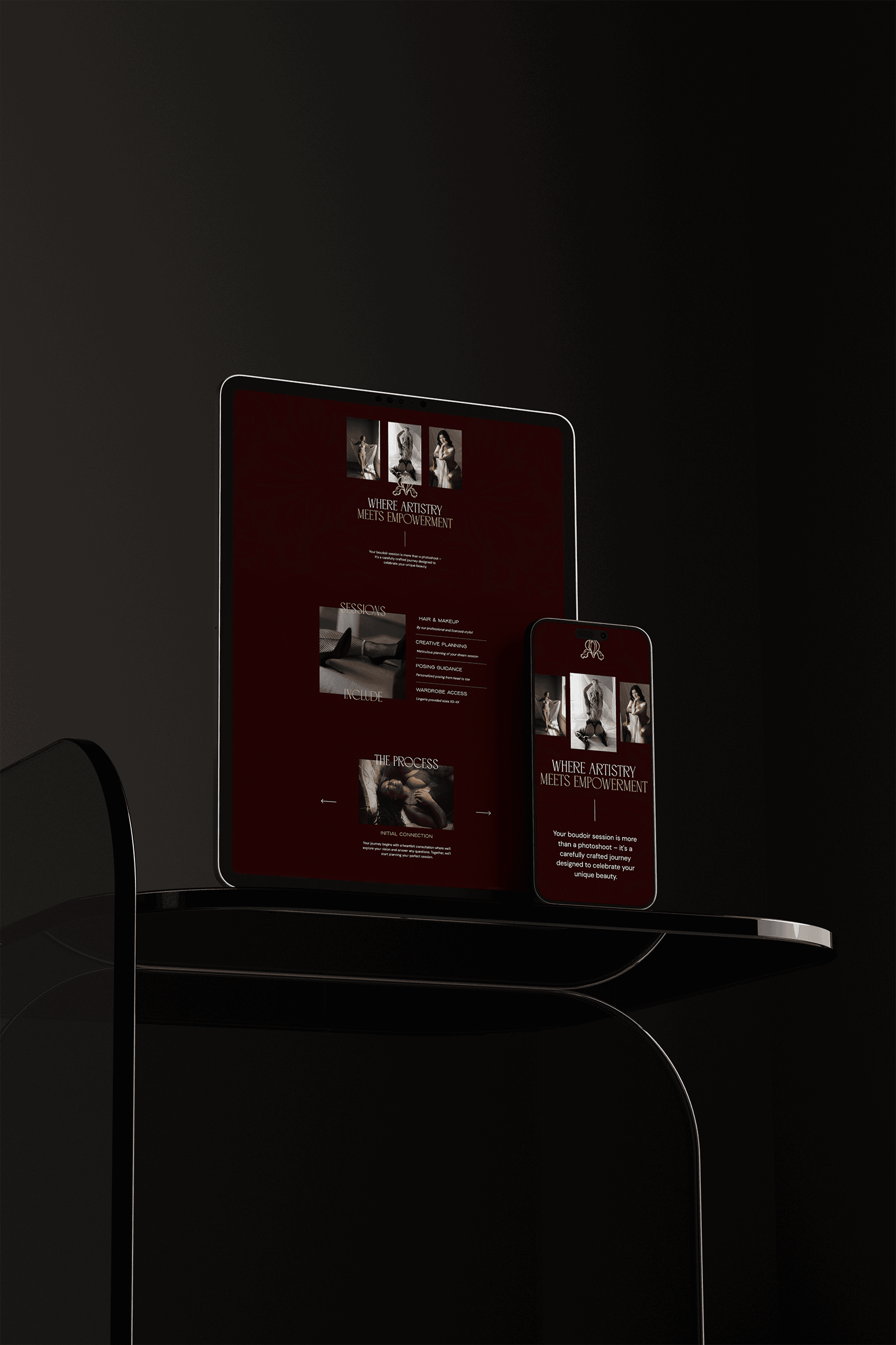 Elegant boudoir photography website on tablet and phone.